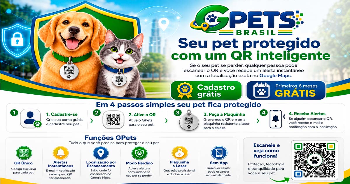 GPets Brasil: seu pet protegido com um QR inteligente. Cadastro grátis e 6 meses de Premium.